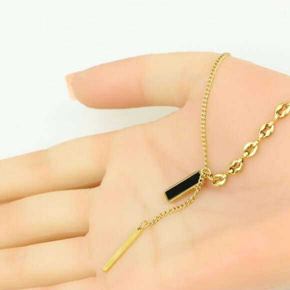 Gold Plated Dual Bar Drop Necklace with Bold Link Detail, XPNL0388 - Picture 8 of 13